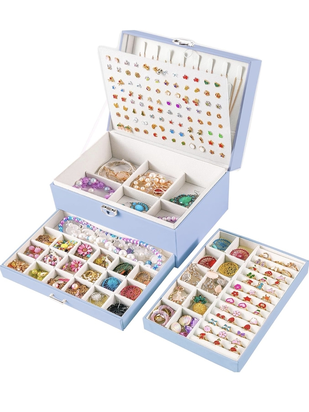 Blue Jewelry Organizer Box with Multiple Trays New - Picture 3 of 7